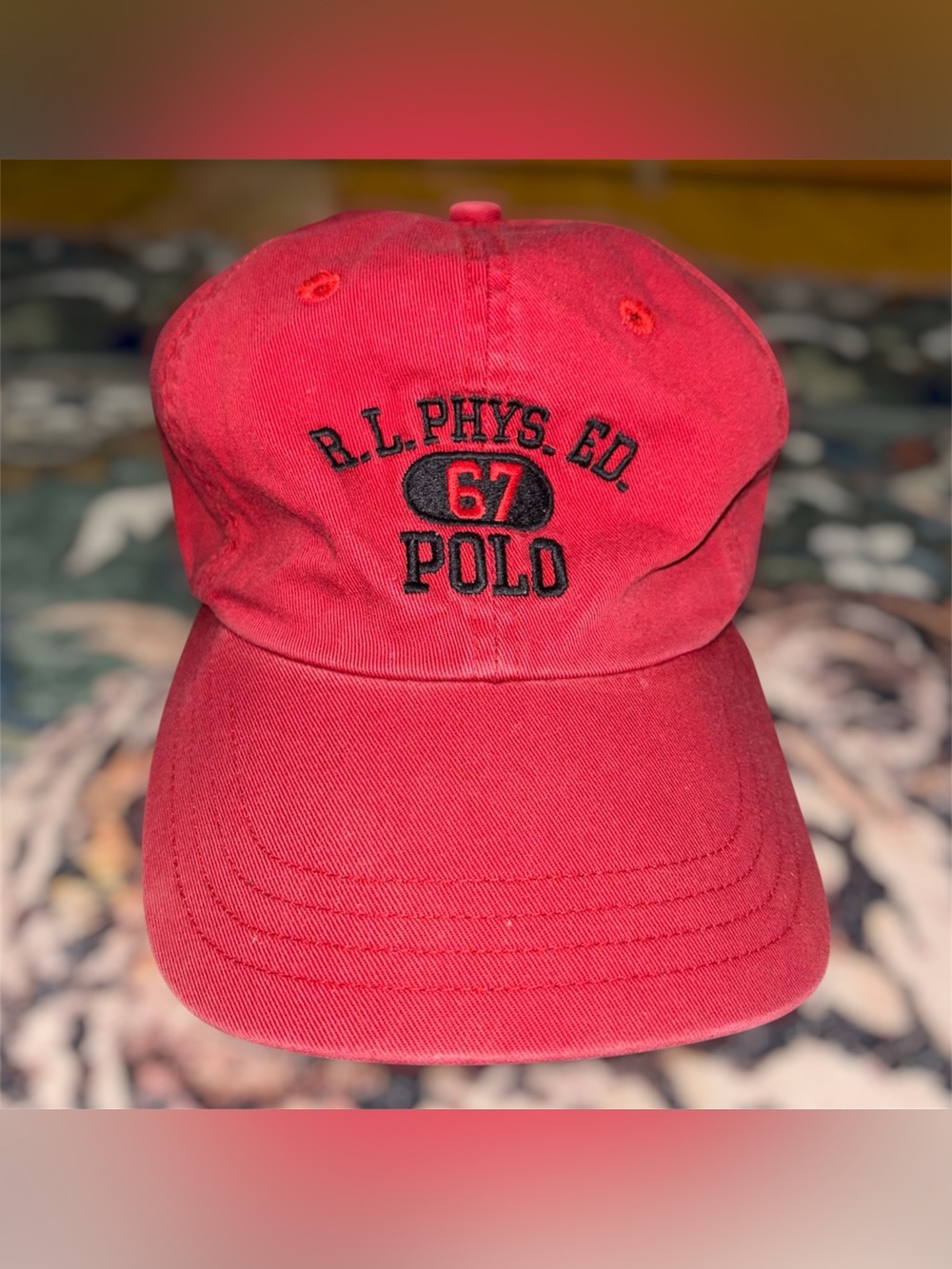 Vintage Polo Ralph Lauren RL Phys Ed Baseball Hat Strap-Back Cap Red Embroidered